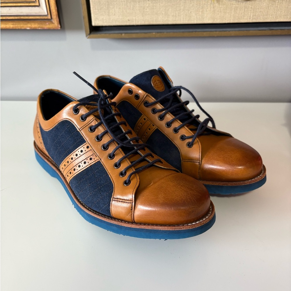 Men's Brown and Blue Leather Barker Shoes. No size. Tongue notes “462 G17.